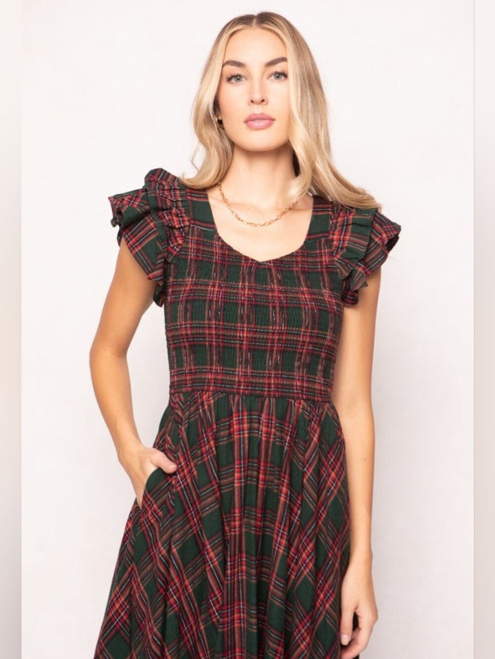 Ivy City Hattie Dress Smocked Midi Dress with Ruffle Sleeves in Evergreen Plaid